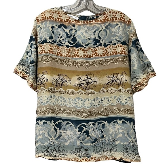 Tess Medium Vintage 💯 Silk Floral Short Sleeve Shirt Lightweight Boho B - Picture 1 of 4
